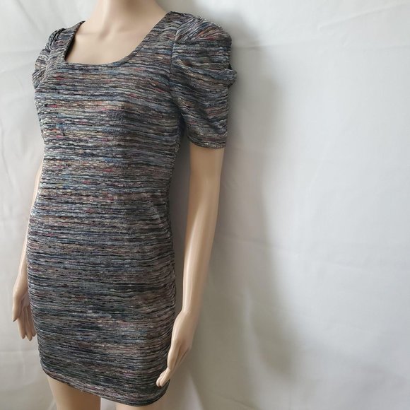 Forever 21 Women’s Square Neck Striped Puff Sleeve Bodycon Knit Dress Medium - Picture 6 of 16